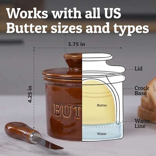 Butter Crock with Lid for Countertop with Spreader Knife and Water Line (Brown / Regular)