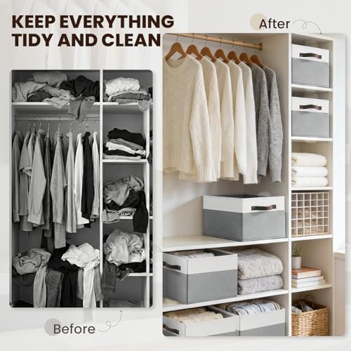 4 Pack Large Closet Storage Baskets Bins for Shelves (4pcs - Rectangular 14"x10"x9.5" / White with Grey)