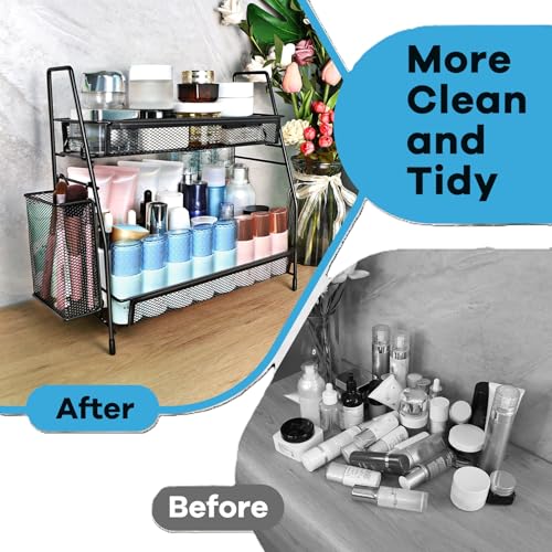 Bathroom Organizer Countertop (Black with Basket / 14.17 x 12.72 x 5.55 inches)