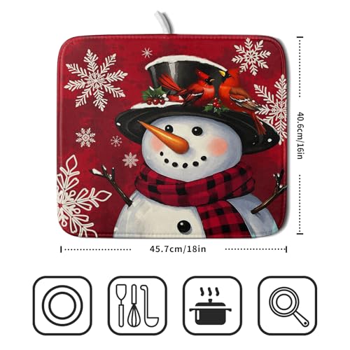 Christmas Snowman Dish Drying Mat for Kitchen Counter 16x18 Xmas Snowflake Winter Holiday Dark Red Absorbent Reversible Microfiber Drying Mats Kitchen Countertop Protector Dishes Drainer Rack Pad (16" x 18")