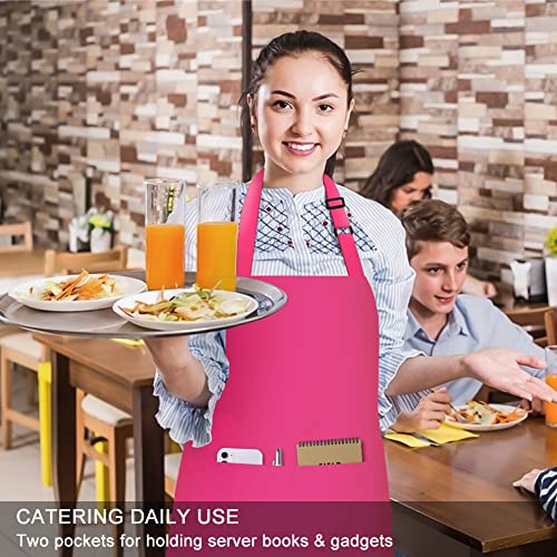 2 Pack 100% Cotton Aprons with 2 Pockets Cooking Chef Kitchen Adjustable Bib Apron for Women Men (Hot Pink)