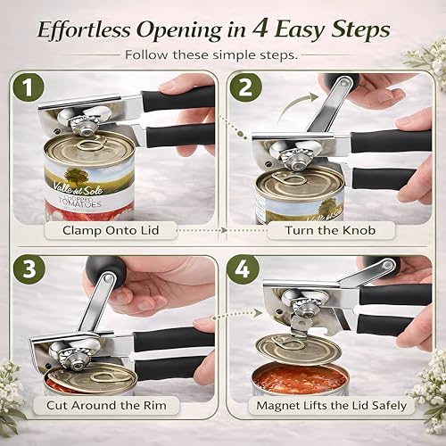 Heavy Duty Manual Can Opener for Seniors & Adults with Magnetic Lid Lifter (Black)