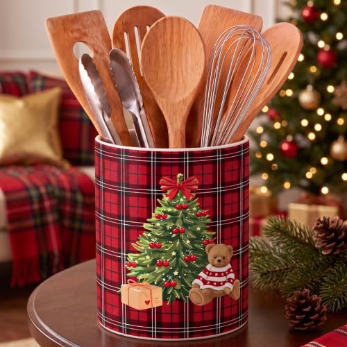 Christmas Red Tartan Ceramic Utensil Holder (Red Plaid Bear)
