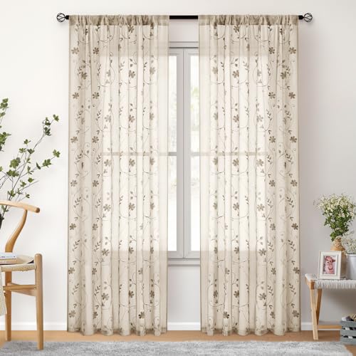 Taupe Sheer Curtains 96 Inches Long 2 Panels Beige Embroidered Floral Pattern Semi Sheer Window Curtains for Bedroom Living Room (52"W x 96"L (Pack of 2) / Taupe/Beige)