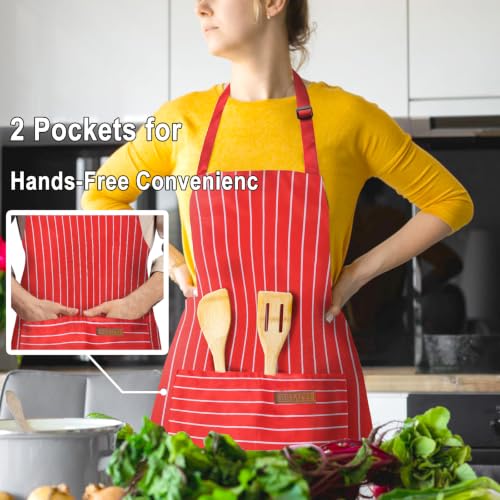 Adjustable Bib Apron with 2 Pockets Chef Cooking Kitchen Restaurant Aprons for Women Men (Red Wide)