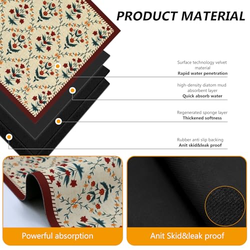 Coffee Mat Dish Drying Mat Hide Stain High Absorbent Bar Mat for Countertops Easy Clean (Vintage Small Flowers / 19" x 12")