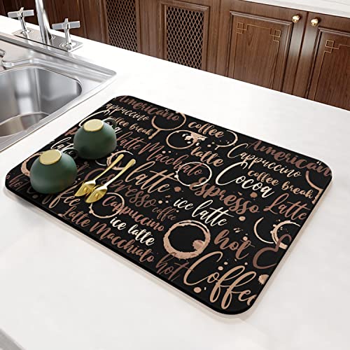 Coffee Bar Mat Accessories for Countertop Absorbent Hide Stain Rubber Backed Dish Drying Mats for Kitchen Counter Draining Pad Decor Gift (black-2 / 16" x 24")