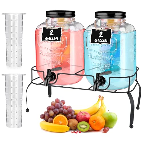 2 Pcs 2 Gallon Glass Drink Dispenser with Stand Ice Cylinder Hanging Chalkboard Signs 18 (Black Spigot)