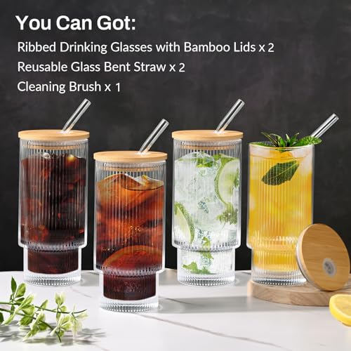 16OZ Ribbed Glass Cups with Lids and Straws (2*Glasses+2*Lids+2*Straws)