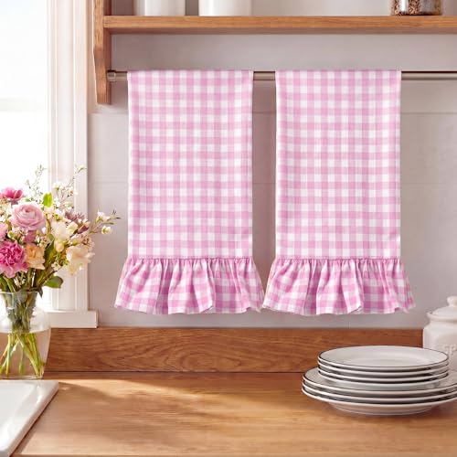 2 Pcs Hot Pink Gingham Kitchen Towels Cotton Ruffled (Hot Pink / Gingham)