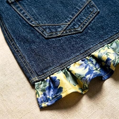 Adjustable Denim Half Apron with Floral Ruffle Hem (B)
