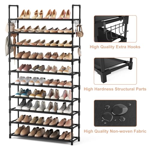 10 Tier Shoe Rack Tall Large Capacity Wide Shoe Organizer with Two Hooks Sturdy Metal Shoe Shelf for Entryway (Black / 32.3" Wide - 10 Tier)
