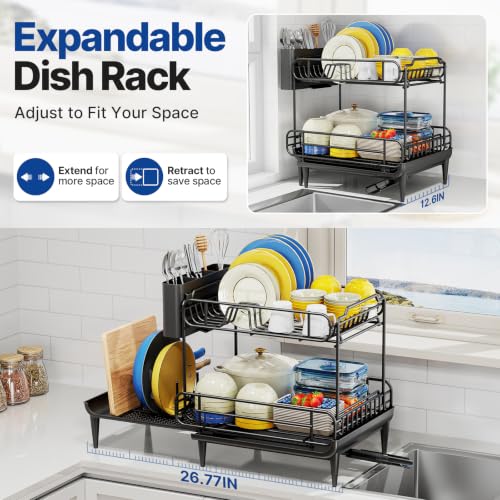 Dish Drying Rack for Kitchen Counter (2 Tier - Expandable - Black)