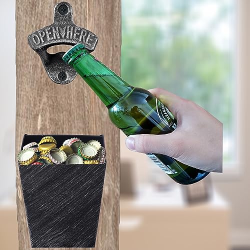 Old Fashioned Cast Iron Beer Cap Opener Wall Mounted Bottle Opener with Cap Catcher Narrow Bundle (Aged Silver)