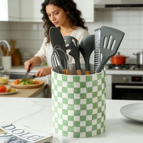 7" Ceramic Hand painted Utensil Holder (Green)