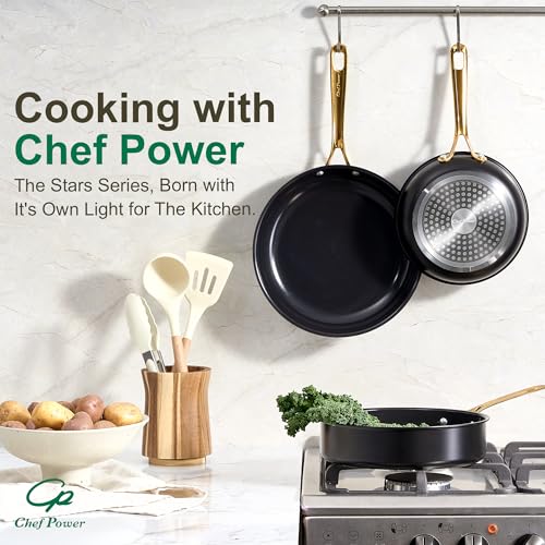 Ceramic Frying Pan with Stainless Steel handle 5Pcs Set (Stone Black and Light Gold)