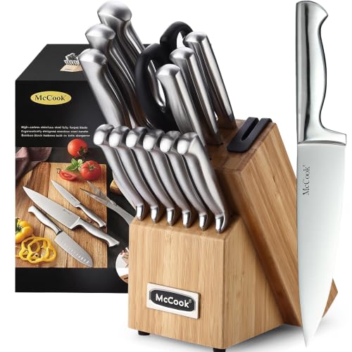Knife Set Kitchen Steel Knife Block Set w Built (SilverNatural / 15 pieces)