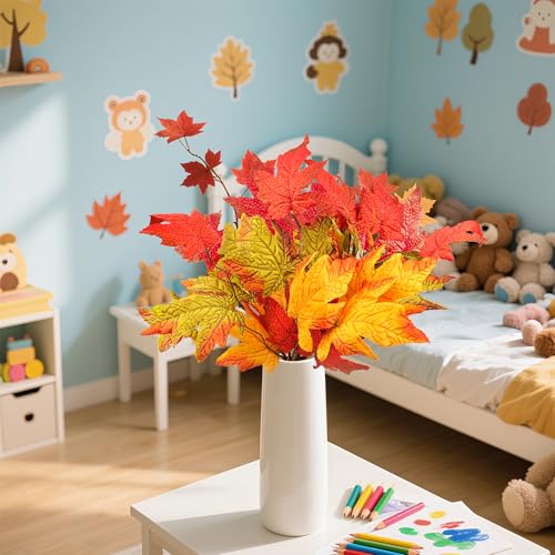6 Pcs Fall Leaves Stem Artificial Orange Flowers Maple Leaves BranchesPlants Fake Autumn Stem for Vase Home Farmhouse Thanksgiving Table Centerpiece Fireplace Halloween Décor (6 Pc Fall Leaves Stems / Fall Garland)