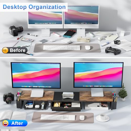Dual Monitor Stand Riser With Drawer and 2 Pen Holders (Wood)