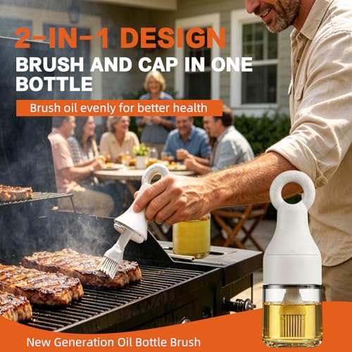 2-in-1 Oil Dispenser with Brush, 150ml Glass Olive Oil Bottle with Silicone Basting Brush, Leak-Resistant Sauce Brush Bottle for BBQ, Baking, Grilling, Camping, White (White)
