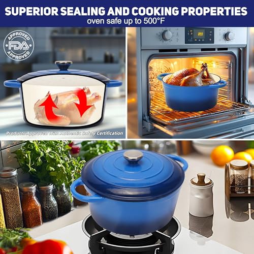 5QT Enameled Cast Iron Bread Oven with Proofing Basket for Bread Baking (Blue / 5 QT (Bread Pan))