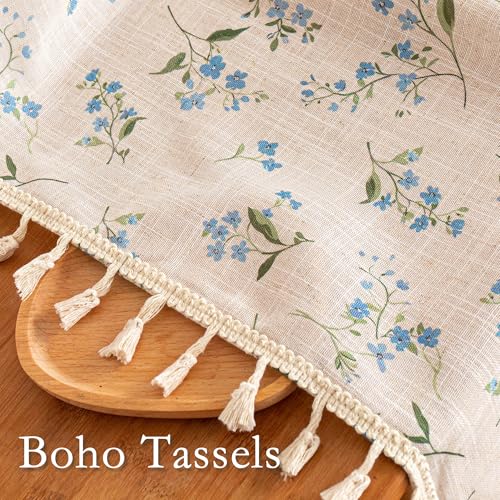 Blue Floral Farmhouse Semi Sheer Curtains 84 Inches Long Linen Blend Boho Vintage Light Filtering Privacy Rustic Country Drapes with Tassel Back Tab for Living (Blue / 50"W x 84"L (Pack of 2))