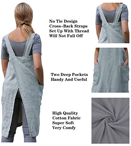 Cotton Linen Apron Cross Back Apron for Women with Big Pockets Square Pinafore Dress for Baking Cooking BBQ & Grill (Light Blue / Large)