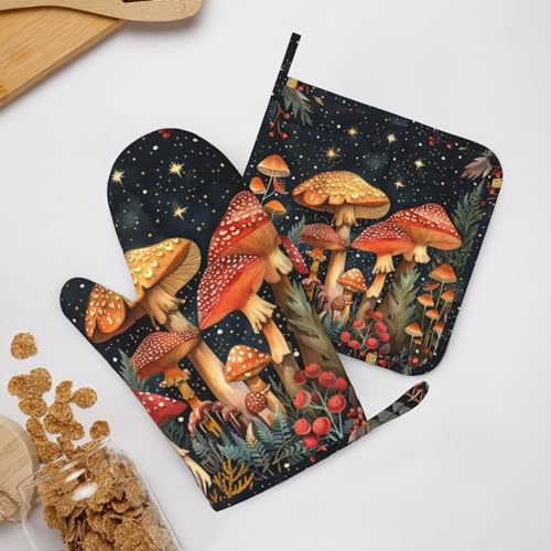 Oven Mitts and Pot Holders Mushroom Forest Vintage Silicone Kitchen Accessories Set of 4 Heat Resistant Long Gloves Potholder Non (A0632111)