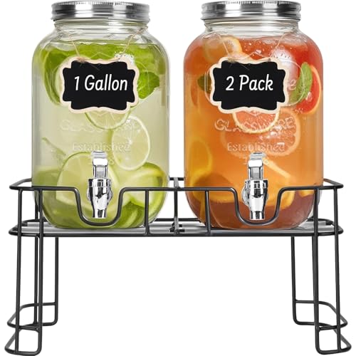 2 Pack 1 Gallon Glass Drink Dispensers with Ice Core for Party (1 Gallon with Wooden Lid)