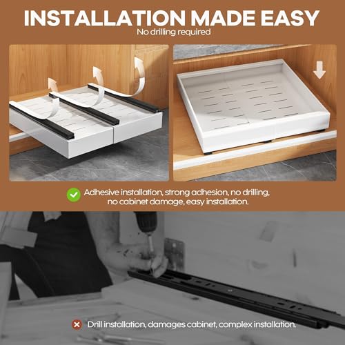 2 Pack Expandable Pull Out Cabinet Organizer 16.5"Deep with Raising Pad for Framed Cabinets (White / 16.5"D x 12.2"-20.4"W(2Pack))