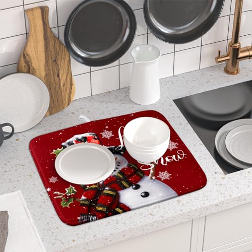 Christmas Dish Drying Mat for Kitchen Counter Snowman Let It Snow Microfiber Absorbent Dish Draining Reusable Washable Foldable 16"x18" (18" x 16")
