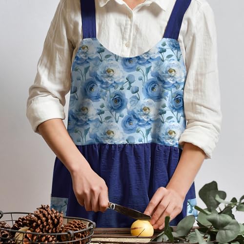 Cotton Linen Apron Cross Back Apron for Women with Pockets Pinafore Dress (Flora Navy Blue)