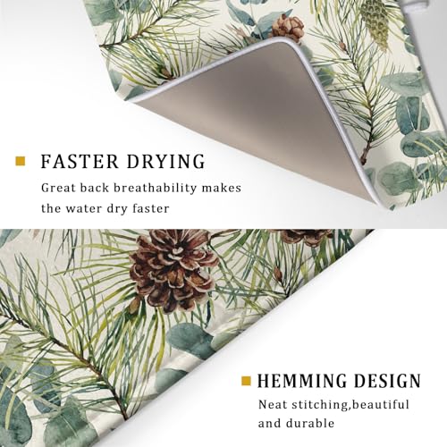 Winter Christmas Dish Drying Mat for Kitchen Counter 18x24 Evergreen Leaves Pinecone Holiday Theme Absorbent Reversible Microfiber Drying Mats Kitchen Countertop Protector Dishes Drainer Pad (18" x 24")