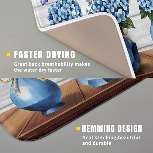 Blue Hydrangea Dish Drying Mat for Kitchen Vintage Wood Board Floral Butterfly Dish Drainer Mats 16x18inch Rustic Flowers Dish Drying Rack Pad Protector for Countertop Dining Decor (18" x 16")
