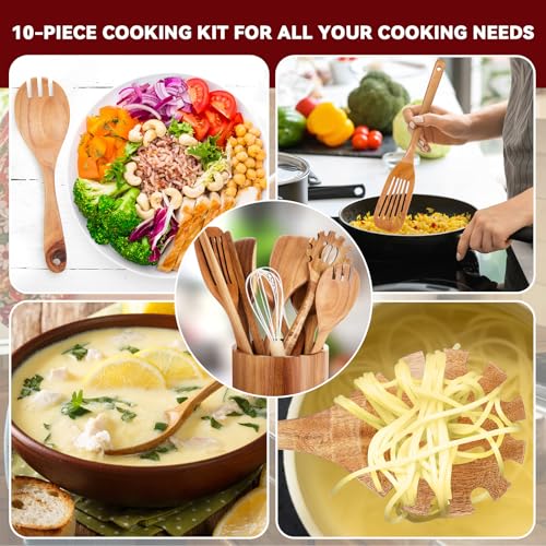 11 Pcs Acacia Wood Kitchen Utensil Set with 360° Rotating Holder (Natural / Straight)