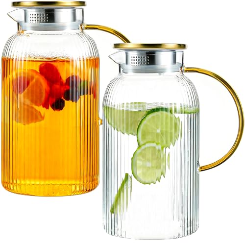 2 Pack Glass Pitcher with Lid (Vertical Striped 68 oz)