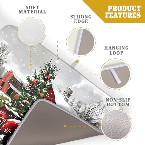 Red Truck Christmas Dish Drying Mat for Kitchen Counter 18x24 Inch Winter Xmas Tree Snowman Dog Print Absorbent Reversible Microfiber Drying Mats Kitchen Countertop Protector Dishes Drainer Rack Pad