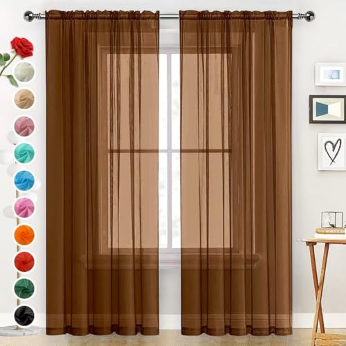 Sheer Voile Window Treatment Rod Pocket Curtain Panels for Kitchen Bedroom Living Room Drapes Sunlight Filtering Privacy Semi Home Decor Assorted (Brown / 52"W x 108"L (Pack of 2))