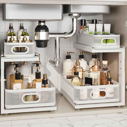2 Pack Under Sink Organizer With Next (White / 2 Pack-15.5"Dx12.4"-16.5"H)