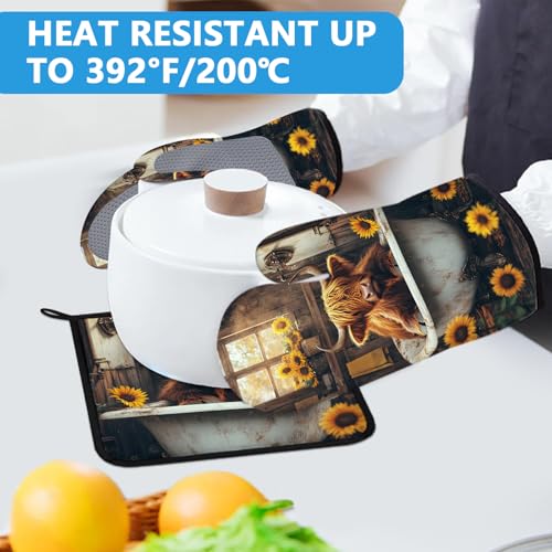Highland Cow Sunflower Oven Mitts and Pot Holders Sets Heat Resistant 4Pcs Potholders Oven Gloves Hot Pads for Kitchen Baking Cooking Grilling BBQ (Highland Cow Sunflower)