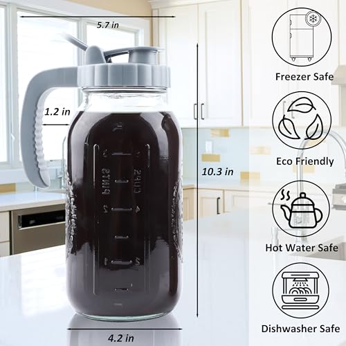 Cold Brew Coffee Maker 64 OZ Mason Jar Cold Brew Pitcher With Infuser 2 Quart Wide Mouth Iced Coffee Maker With Pour Spout Lid And Handle Half Gallon Airtight & Leakproof Pitcher For Fridge (64 Ounces)