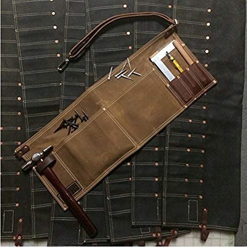 Waterproof Waxed Canvas Tool Apron With the Adjustable Genuine Leather Belt (Khaki)
