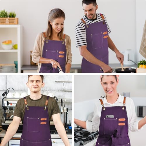 Chef Apron for Men Women Canvas Aprons with 3 Pockets Cross Back Resistant Work Apron for Cooking Grilling Baking BBQ Barber Kitchen (Purple)