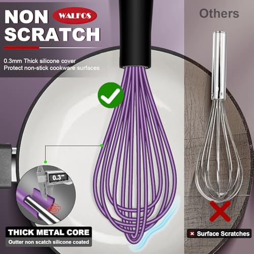 Whisk Silicone Whisks Set of 5 (5pcs Purple + Stainless Steel;7+9+11in & 5+7in)