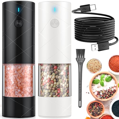 2Pack Electric Salt and Pepper Grinder Set USB Rechargeable with Warm LED Light (2Pack/Black-White)