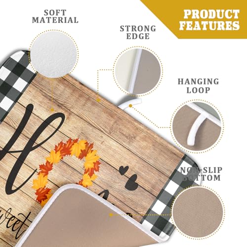 Home Sweet Home Dish Drying Mat 16x18 Inch Fall Autumn Maple Leaf Wreath Dish Drainer Mats Rustic Brown Wood Board Microfiber Dish Drying Rack Pad for Kitchen Countertop Farmhouse Decor (18" x 16")