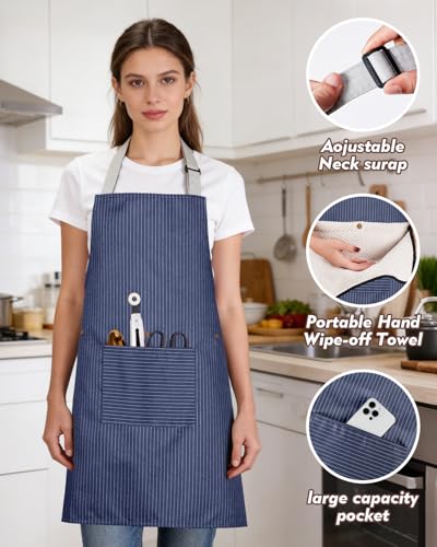 Waterproof Kitchen Apron with Pockets & Interchangeable Towels (Dark Blue)