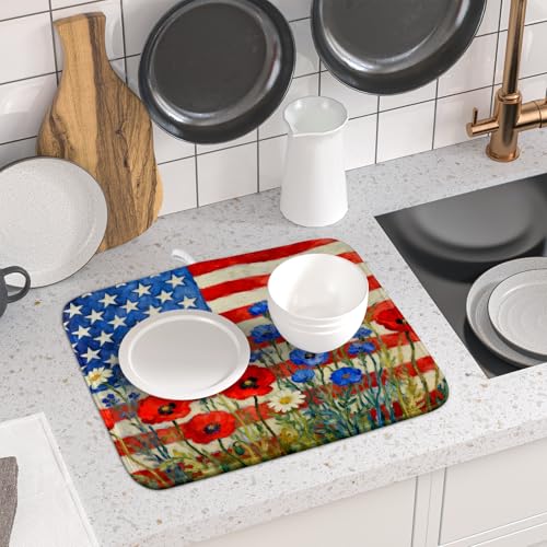 Patriotic American Flag Dish Drying Mat for Kitchen Counter 16x18 4th of July Red Blue White Floral Rustic Absorbent Reversible Microfiber Drying Mats Kitchen Countertop Protector Dishes Drainer Pad (16" x 18")