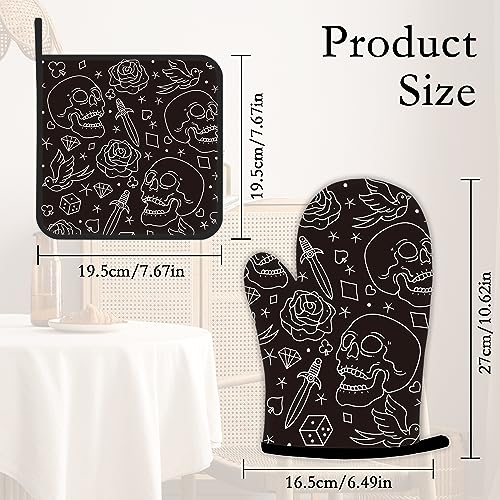 Skull Head with Rose Oven Mitts and Pot Holders Kitchen Cooking Gloves 2 Pcs Set Heat Resistant Pad for Baking BBQ Home Decor (Skull Head With Rose)