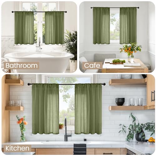Olive Green Linen Curtains 36 Inches Long for Cafe Kitchen (Olive Green / 30"W x 36"L (Pack of 2))